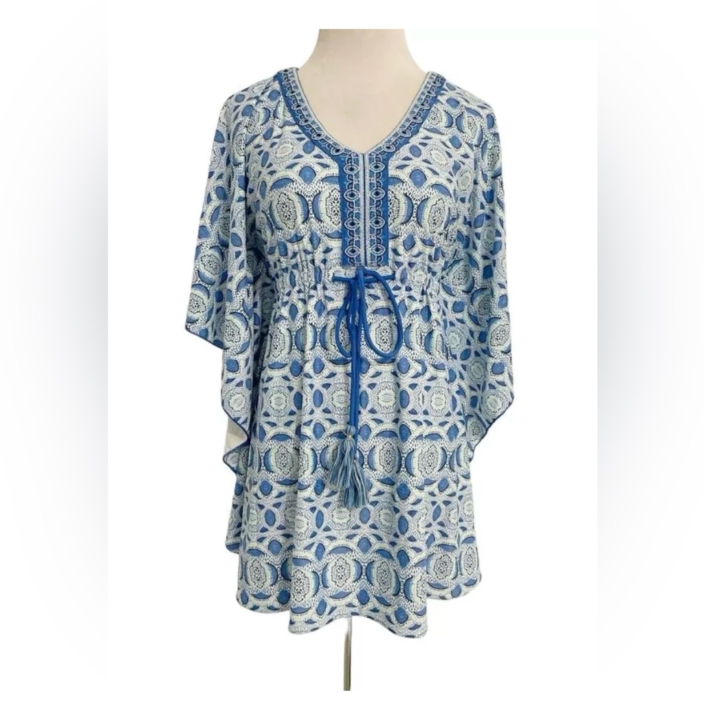 Cabana Life Blue & White Dolman Batwing Sleeve Swim Dress Size S